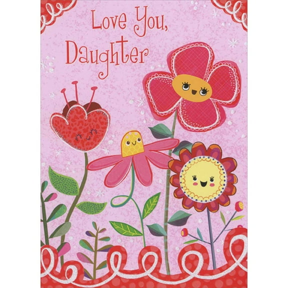 Designer Greetings Four Smiling Red, Pink and Yellow Flowers with Swirling Glitter Borders Juvenile Valentine's Day Card for Daughter