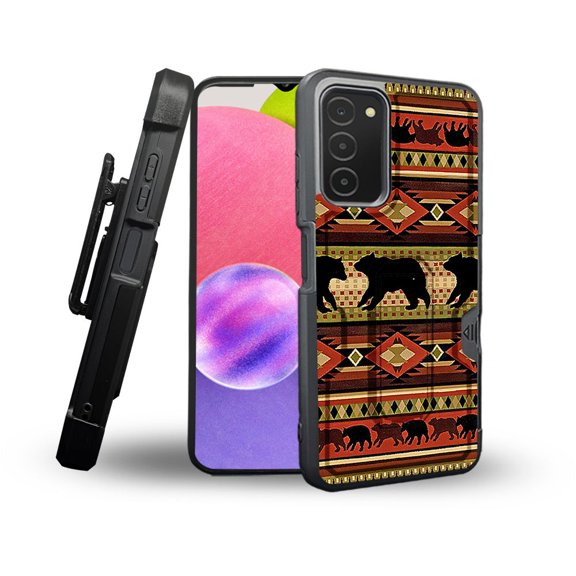 ANJ  Rugged Shockproof Holster Case Card Slot Kickstand   Tempered Glass Cover for Samsung Galaxy A03s - Tribal Bears