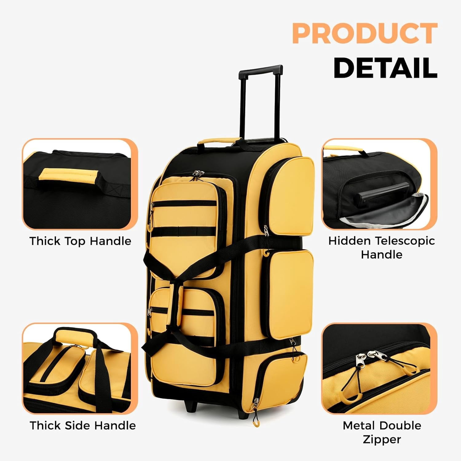 90L Rolling Duffle Bag with Wheels and Handle, 31" Large Duffle Bag for Travel, Carry  Luggage Duffel Bag with Shoe Compartment, Multi-Pocket, Water Resistant, Yellow