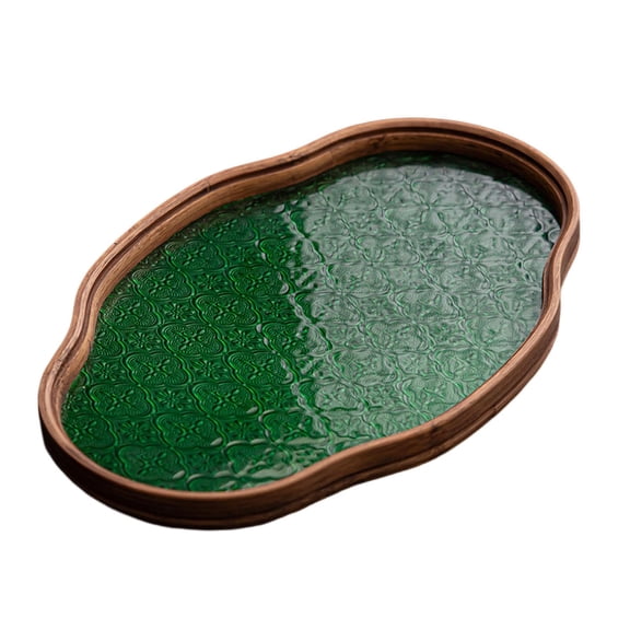 Begonia Flower Glass Tray Storage Tray Holder Storage Tea Cup Decorative Tray, Green(29*20.5*2.2cm)