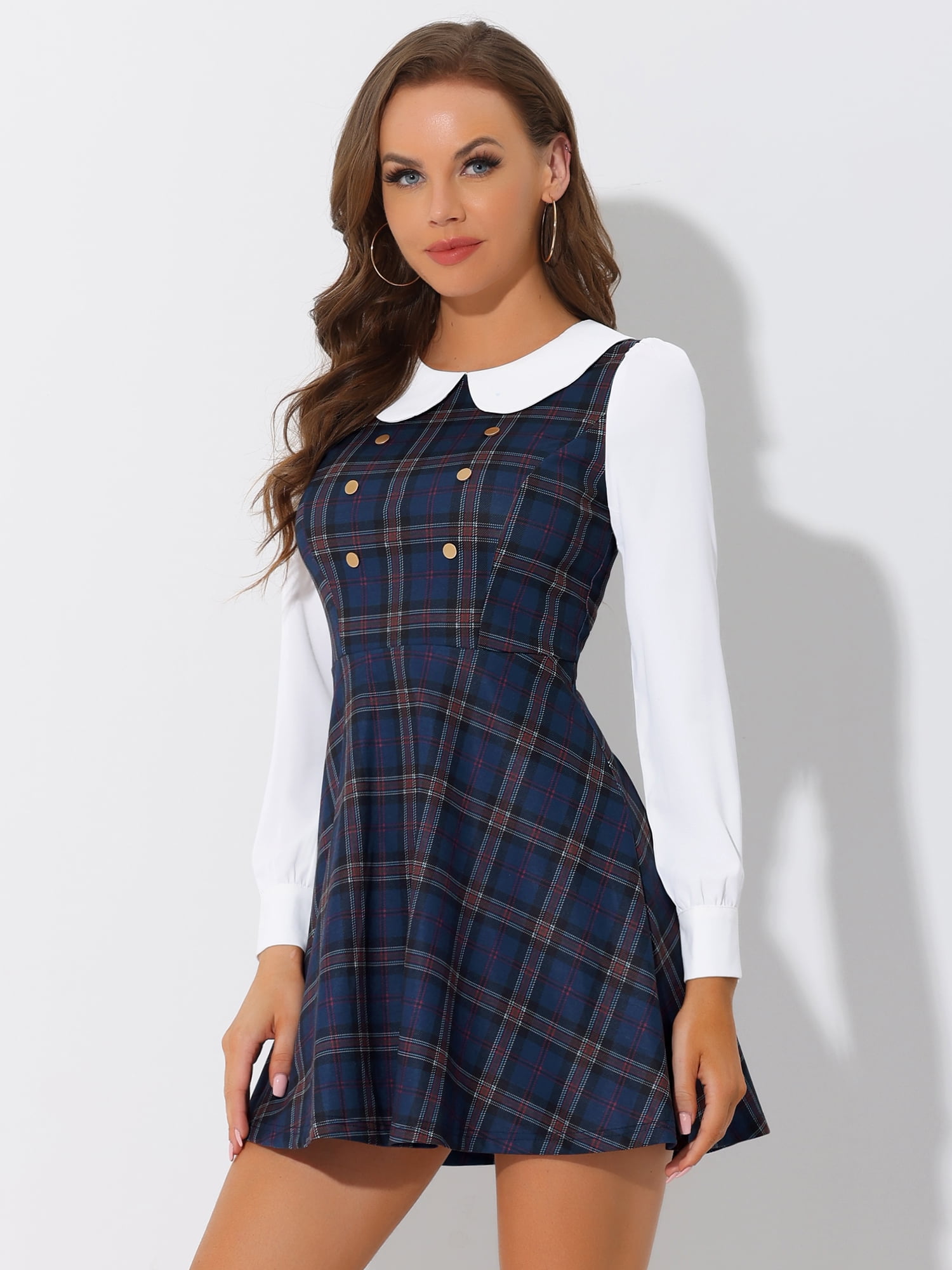 DARING DIVA Plaid Peter Pan Collar Mini A-Line Dress S Dark Blue