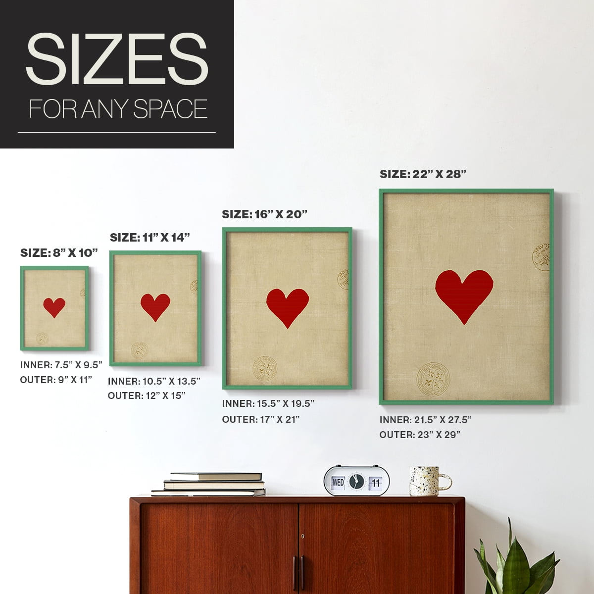 Heart Framed Print in Green Solid Wood Framed Print No Nail Hanging