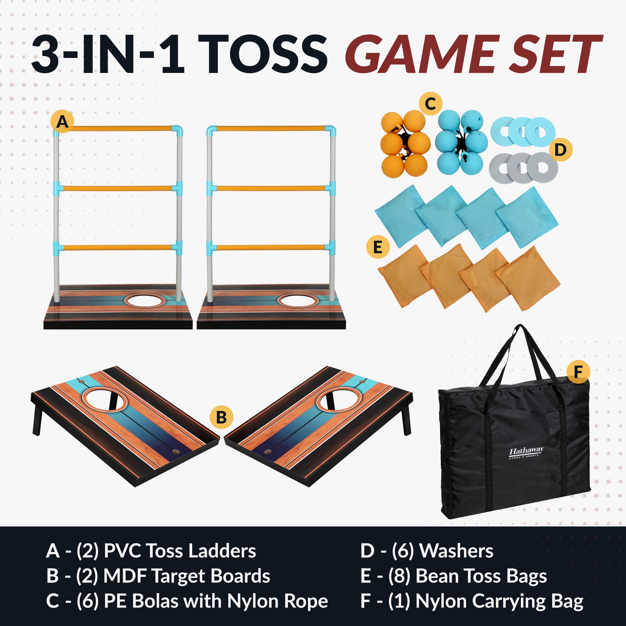 Hathaway Triple Play 3 in 1 Toss Game - Bean Bag, Washer, Ladder Toss
