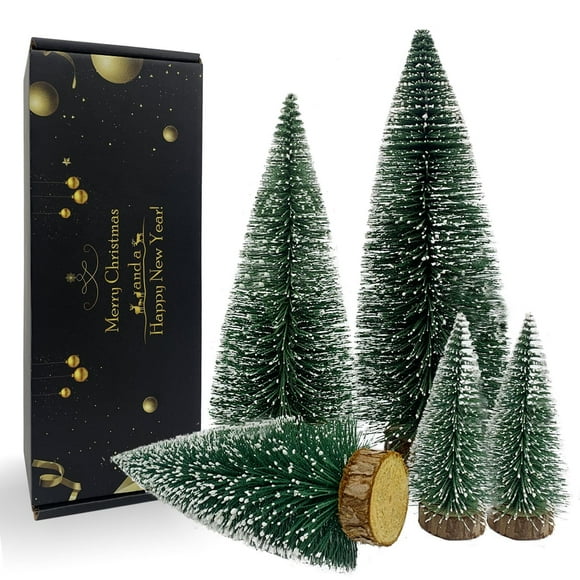 Set navideño de pinos en miniatura con base de nieve y madera (5 unidades)