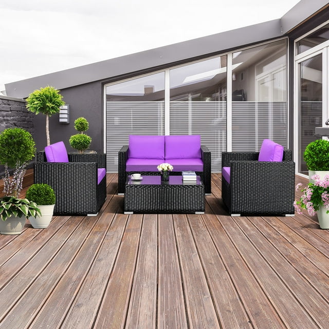 Gymax Ensemble de Meubles de Patio en Rotin 4PC en Osier Extérieur avec Coussin Violet