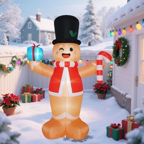 Christmas Inflatables Gingerbread Man with Gift Boxes 8 FT, LED Inflatable Decoration for Outdoor Indoor Holiday Yard$$Garden & Patio