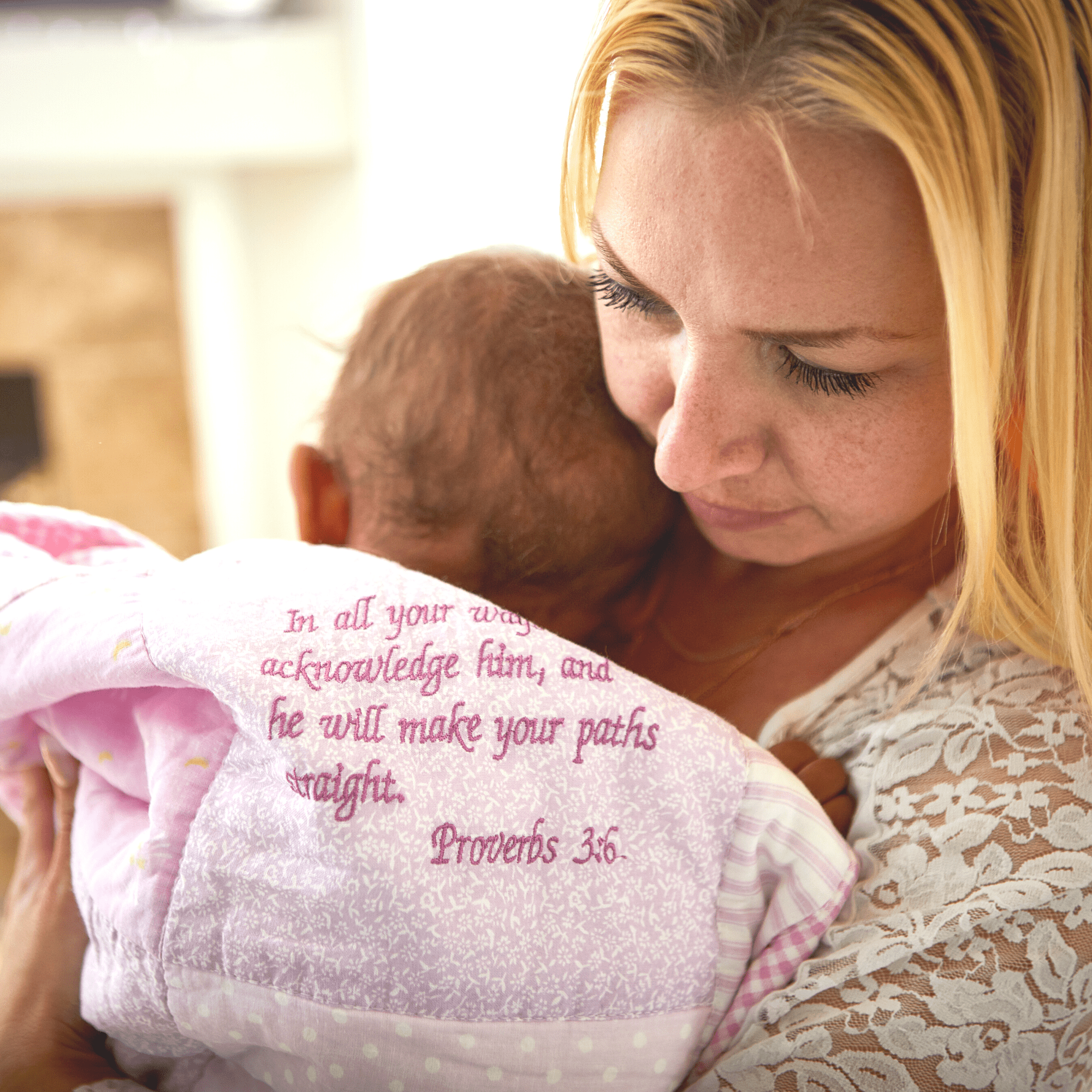 Embroidered Scripture Baby Quilt, Pink