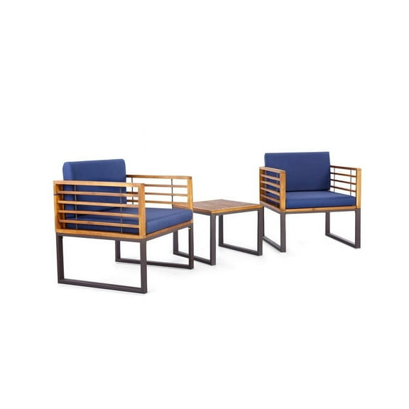 YYAo Outdoor Bistro Set, Outdoor Conversation Sets, 3 Pieces Patio Acacia Wood Conversation Set with Cushioned Armchairs-Navy