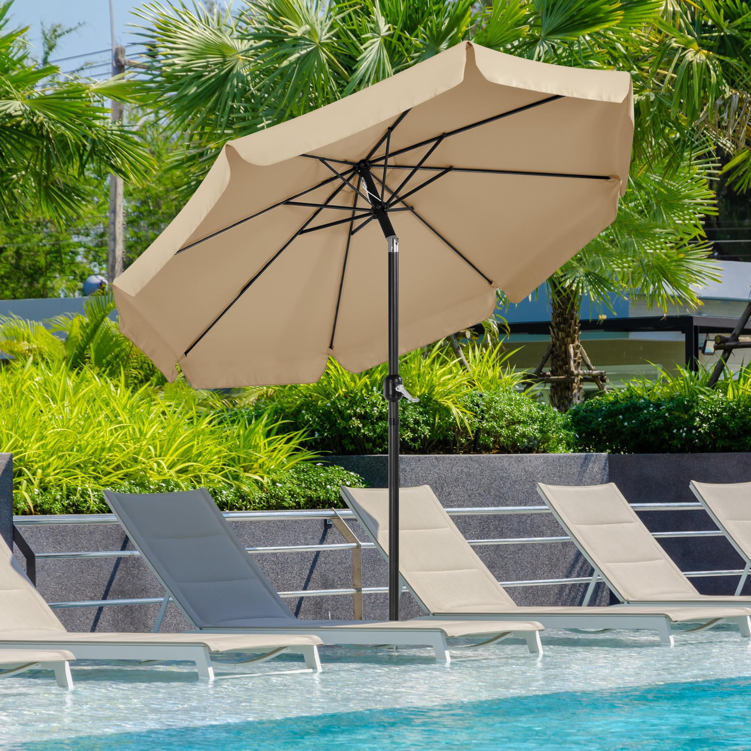 9ft outdoor patio umbrella, 8 ribs market umbrella with push button tilt and crank, durable canopy for garden deck balcony beach pool, brown