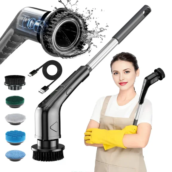 Electric Cleaning Brush Set with Short Handle, Rechargeable Rotary Cleaner for Deep Cleaning Bathtubs & Tiles, Effortless Home Cleaning Solution