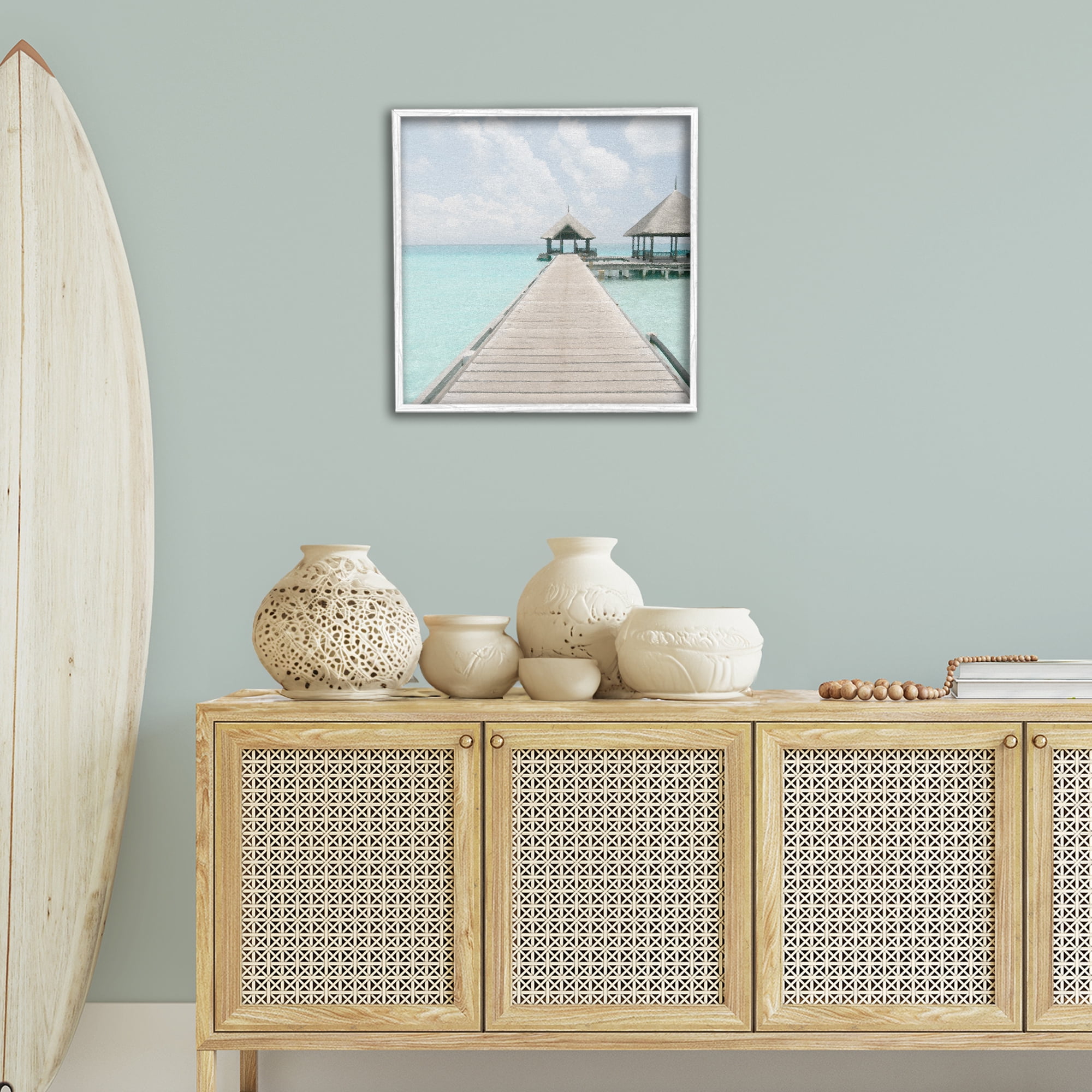 Stupell Industries Tropical Long Pier Coastal Photography White Framed Art Print Wall Art, 24 x 24