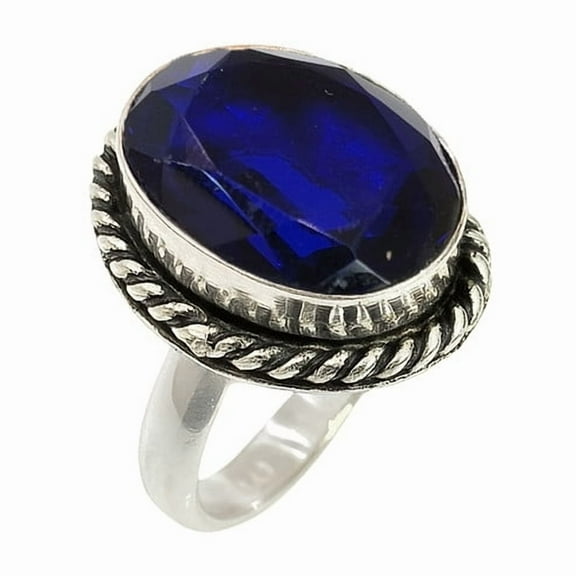 Blue Sapphire Gemstone Ring for Women Sterling Silver Handmade Jewelry September Birthstone Ring Healing Crystal Boho Statement Ring Size US 10