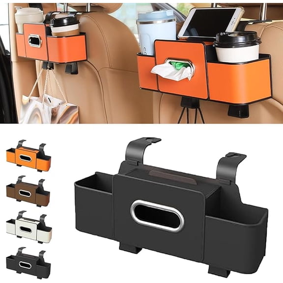 Multifunctional Car Seat Back Storage Box, 4 in 1 Back Seat Car Organizer, Backseat Car Organizer with Tissue Box & 2 Drink Cup Holder, For Hold Phone, Snacks, Drinks, Handbag