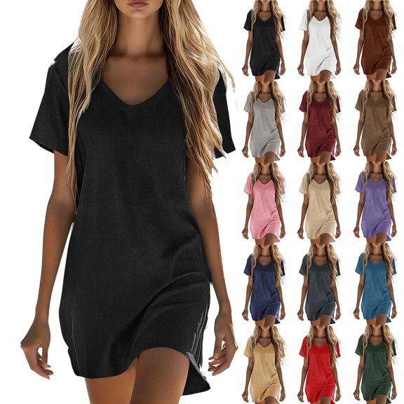 Summer Fashion Plus Size Dresses for Women Solid Color Cotton Linen Short Sleeved V-neck