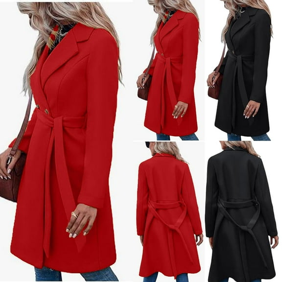 Brondbend Women Coats Winter Women Jackets Turndown Collar Long Sleeved Button Bandage Outerwear Solid Color Warm Leisure Loose Jacket Lady Going out Tops Black