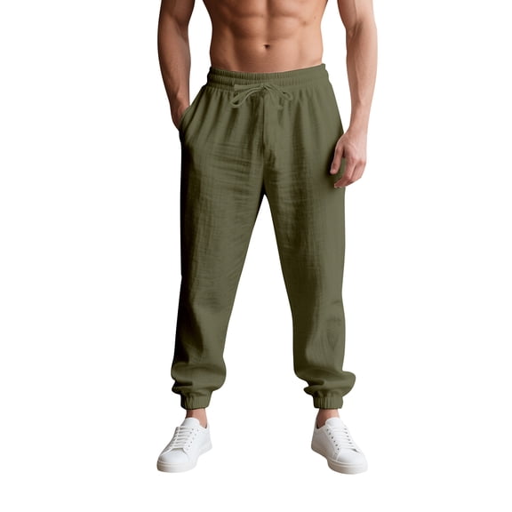 GrmtClth Men's Linen Pants Casual Loose Fit Beach Drawstring Pants Elastic Waist Beach Lightweight Yoga Jogger Trousers with Pockets Army Green 2XL