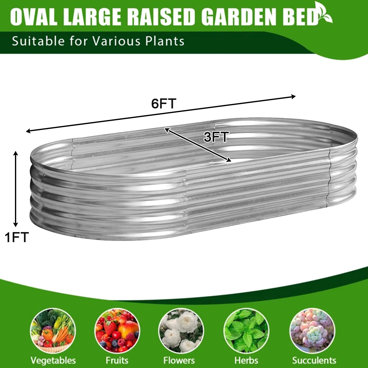 Galvanized Planters 6x3x1ft Raised Garden Bed Outdoor Planters for Vegetables Flowers Raised Planter Galvanized Steel Garden Planter Box , Silver