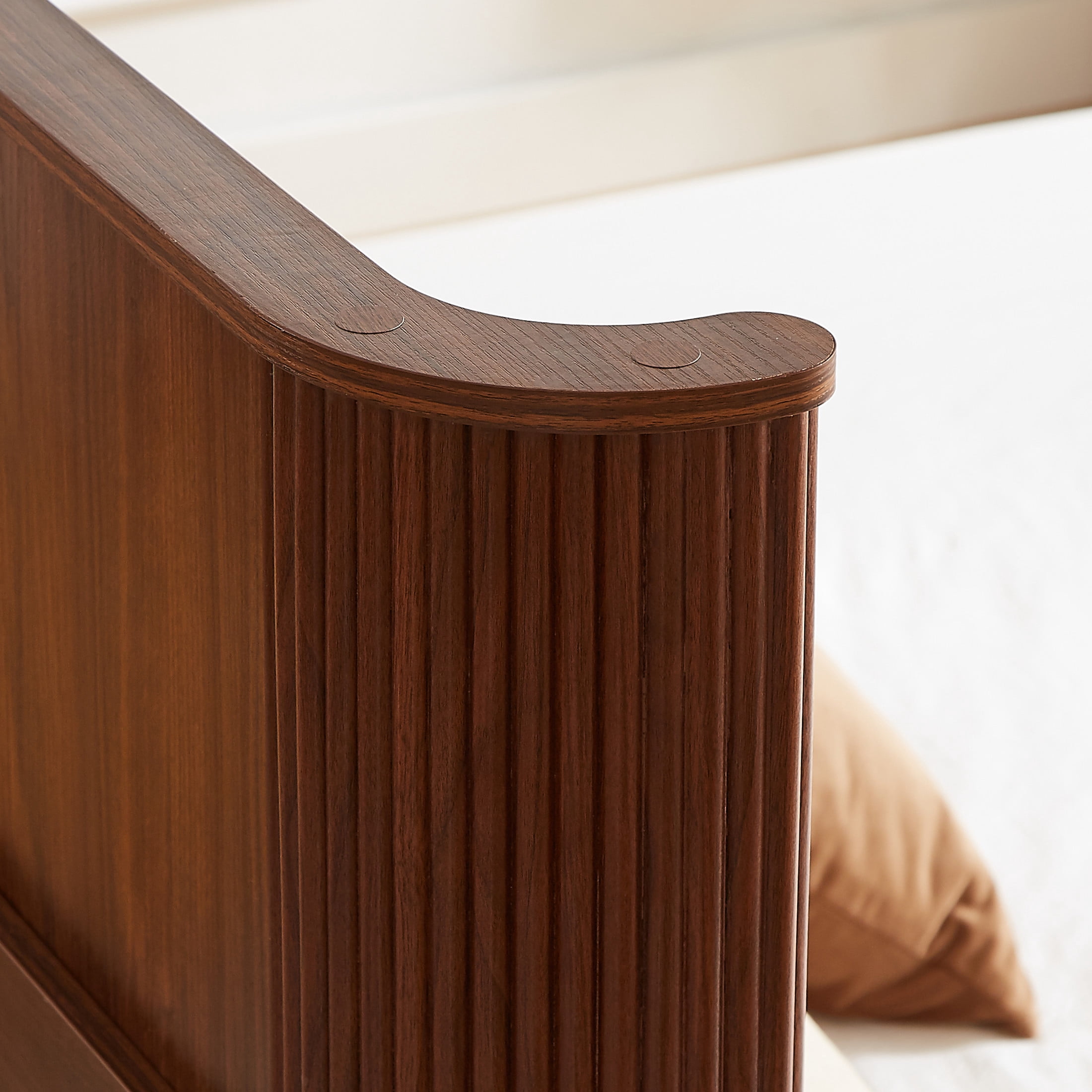 Noble House Queen Platform Bed Frame with 44.49"H Curved Headboard, Wood Slat Support, Walnut