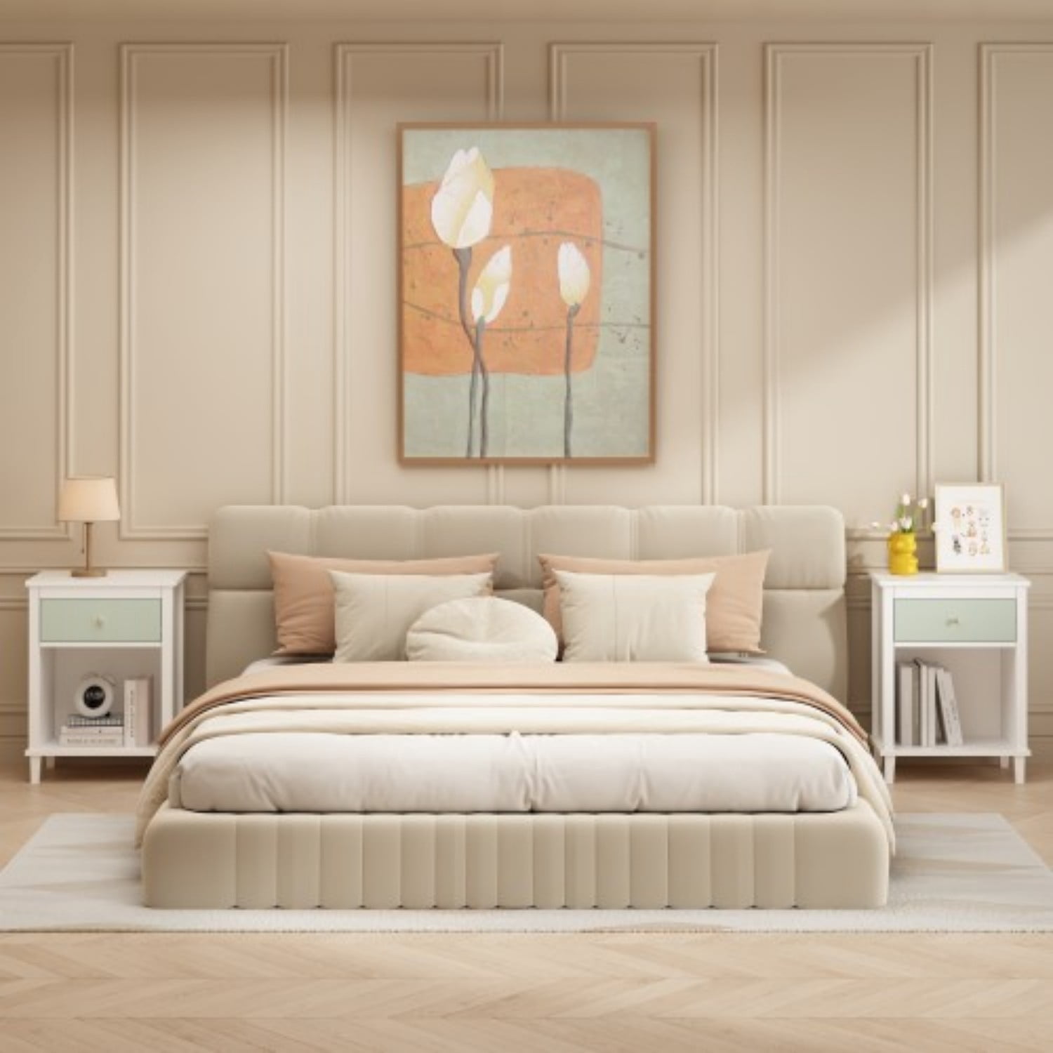 26.77" Wooden Nightstand with Drawer and Open Shelf, Modern Bedside Table for Kids & Adults, MDF End Table with Silver Handle, White+Green