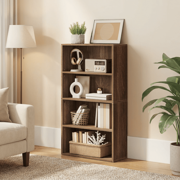 Ledrem 4-Tier Bookshelf with Adjustable Shelves, Natural Walnut photo 2