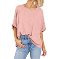 thumbnail image 2 of Silver Basic Cotton Blend Macaron Color T-Shirt Womens Top Casual Loose 3/4 Sleeve Sports Oversized Top S,Pink-1, 2 of 2
