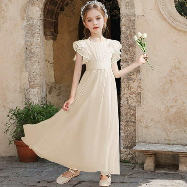 Girls Sleeveless Flower Girl Dress, Solid Color A-Line Ruffle Shoulder Dress for Junior Bridesmaid, First Communion and Birthday Party Occasions Beige 120