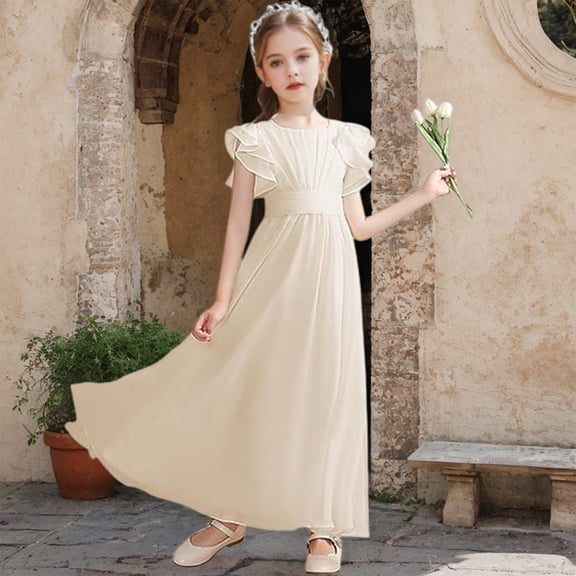 Girls Sleeveless Flower Girl Dress, Solid Color A-Line Ruffle Shoulder Dress for Junior Bridesmaid, First Communion and Birthday Party Occasions Beige 100