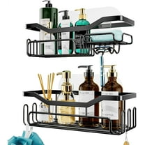 LEFEE Shower Caddy Shelf with 11 Hooks, Shower Rack for Hanging Razor, Soap and Shower Gel, No Drilling Bathroom Shelf with 3 Adhesive Hooks（Black)