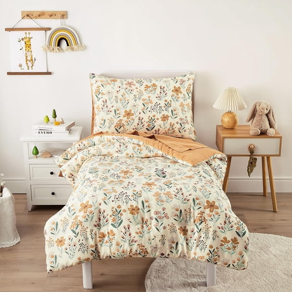 AllWays Plaza - Floral Toddler Bedding Set for Girls, Cute Colorful Botanical Flowers, 4 Pieces Soft Crib Bed Set Including Comforter, Sheets and Pillowcase, Orange Cream