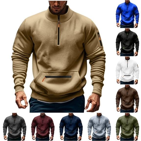 YOIAVAIOY Mens Quarter Zip Sweatshirt Long Sleeve Kangaroo Pocket Sweatshirts Solid Color Casual Mock Neck Pullover Tops Black M
