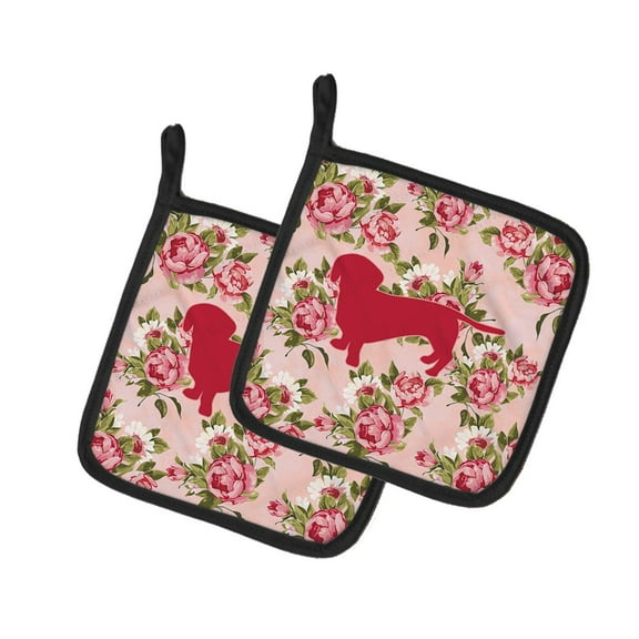 Caroline's Treasures BB1088-RS-PK-PTHD Dachshund Shabby Chic Pink Roses Pair of Pot Holders , 7.5HX7.5W, multicolor