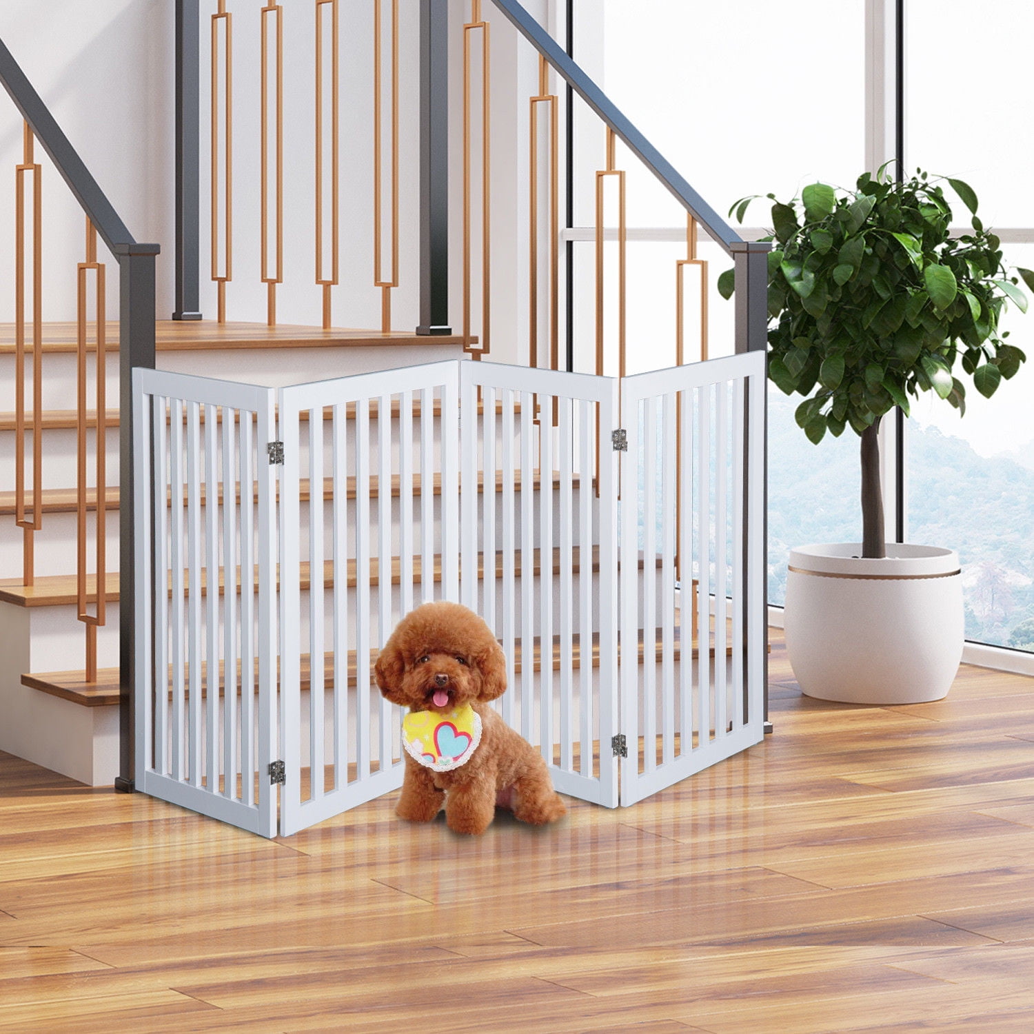 36" 4 Panel Wooden Folding Indoor Pet Dog Gate Freestanding Safety