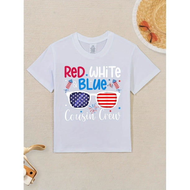 4th of July Patriotic Youngsters T-Shirt - Red White & Blue Cousin Crew Graphic with American Flag Fashion Glasses Design, Short Sleeve Round Neck Casual Street Tee for Boys & Girls