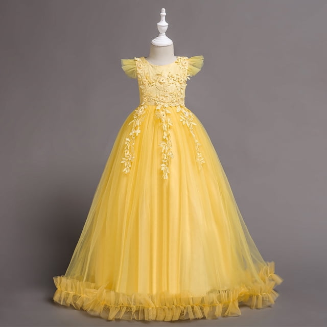 Économies à Durée Limitée, Robe d'Été pour Fille, Sans Manches à Volants en Dentelle, Broderie à Col Rond, Jupe Princesse en Tulle avec Nœud, Décontractée pour Fête, Tenue de Festival, Légère, Respirante, Âge 4-12 Audacieuse et Belle
