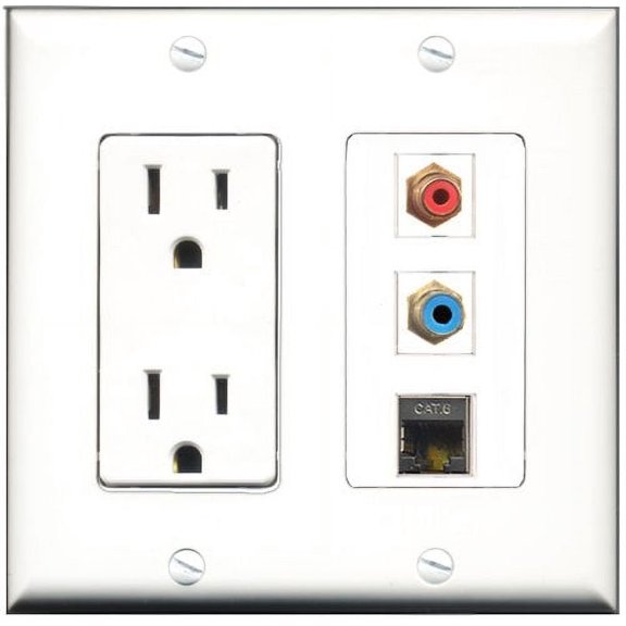 RiteAV - 15 Amp Power Outlet 1 Port RCA Red 1 Port RCA Blue 1 Port Shielded Cat6 Ethernet Ethernet Decorative Wall Plate