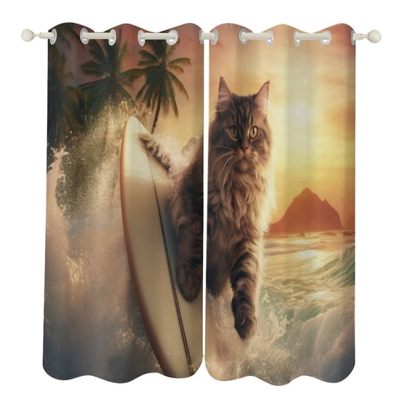 Blackout Curtains for Bedroom Surfing Cat Full Room Darkening Grommet Curtains for Living Room,Thermal Insulated Ombre Drapes