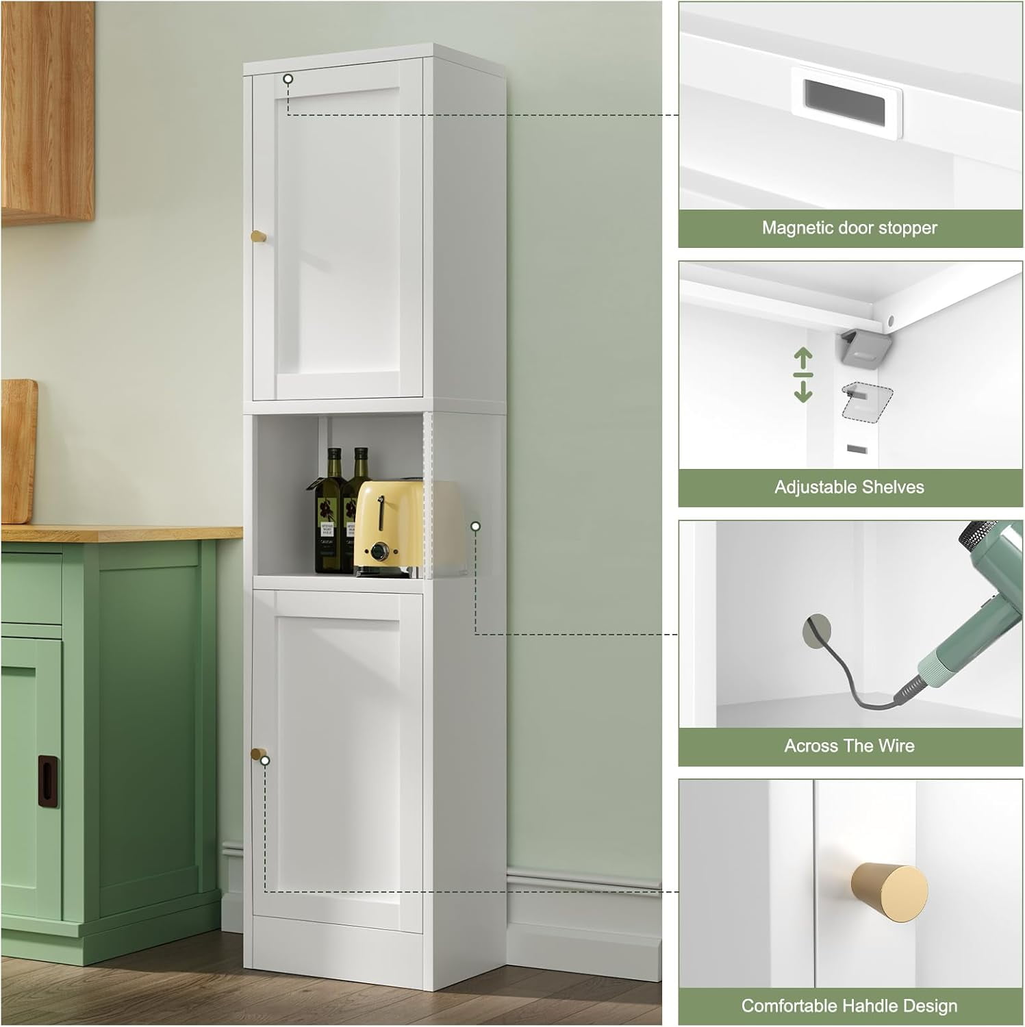 Tall Bathroom Storage Cabinet,Slim Tall Metal Cabinet with Open Compartment,Freestanding Narrow Stroage Cabinet for Bathroom, Entryway, Slim Pantry,Living Room,White