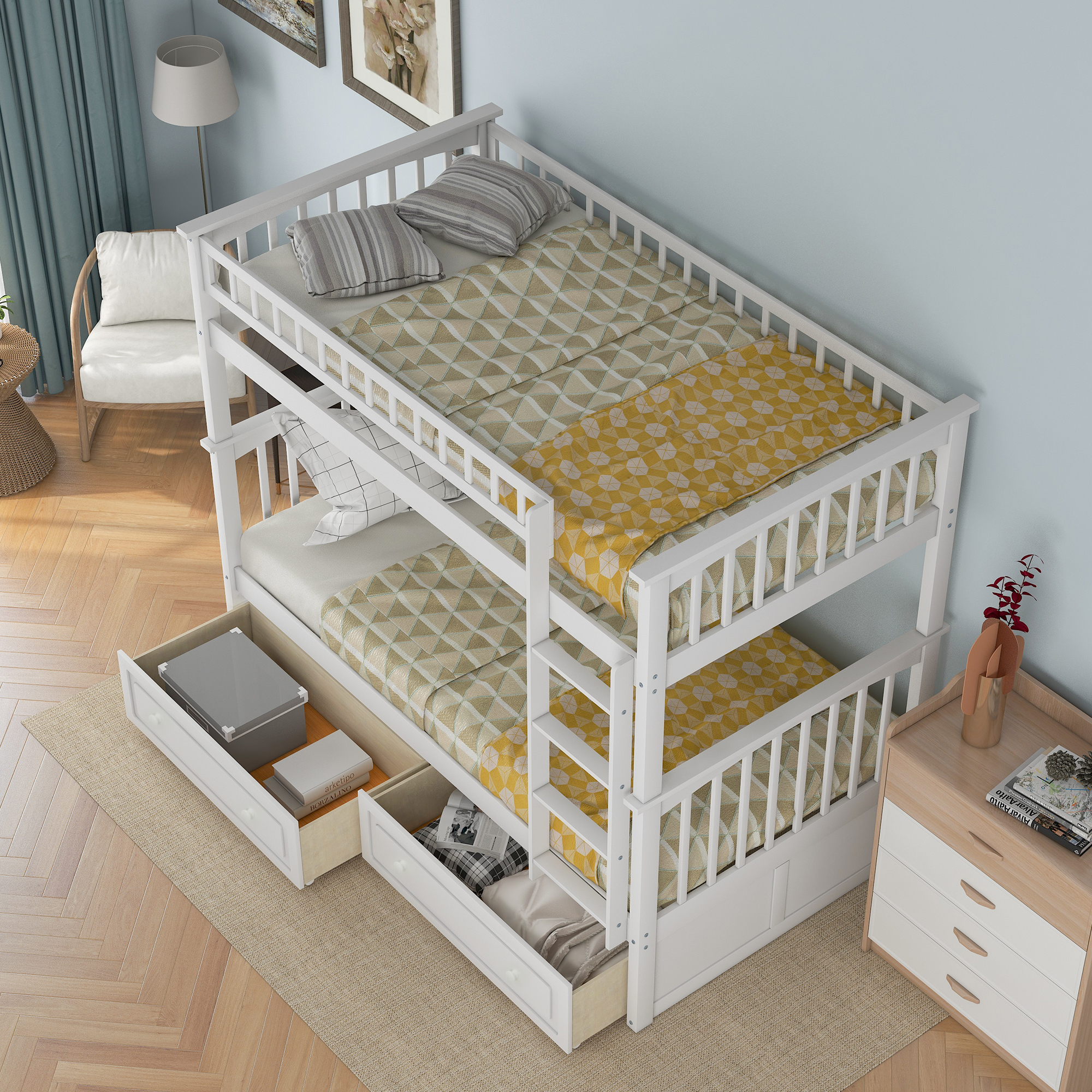Euroco Pine Wood Bunk Bed with Storage 2 Drawers, Twin-over-Twin Bunk Bed with Safety Rail and Ladder for Kids, Converted into 2 Single Beds, Sapce-Saving Design, White - image 4 of 14
