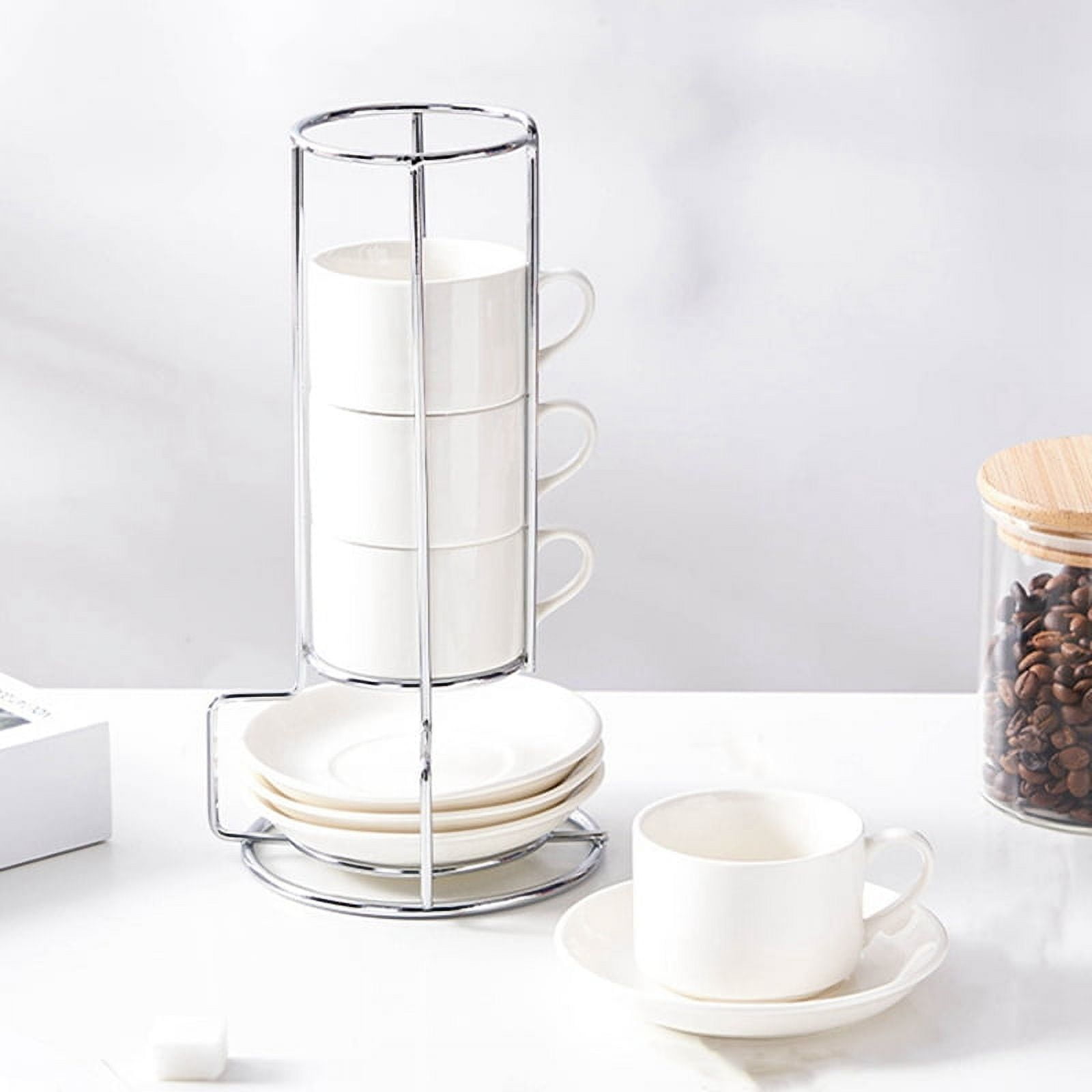 Porcelain Stackable Cappuccino Cups with Saucers and Metal Stand, Espresso Cups for Latte Coffee Cafe,Specialty Coffee E