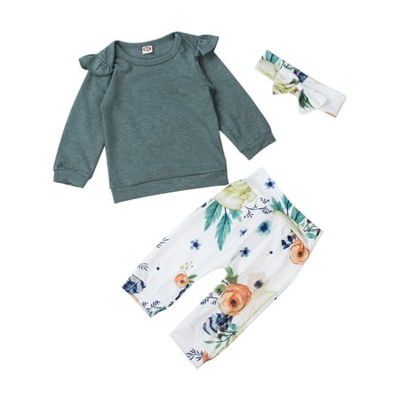 

Newborn Infant Baby Girls Clothes Long Sleeve Ruffle T-Shirt Tops+Floral Pants+Headband 3PCS Outfits Set