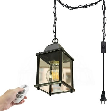 Kiven Plug in Pendant Light, Farmhouse Hanging Light Fixture with Remote and Iron Glass Lampshade and Iron Chain, E26 Socket Dimmable Pendant Light for Hallway Kitchen Bedroom(TB3145)
