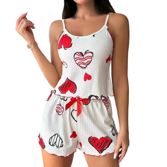 Cute Pajamas for Women Strawberry Print PJ Set Crop Cami Tops and Shorts Set 2 Piece Lounge Sets Purple Pink M