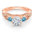 thumbnail image 2 of Gem Stone King 18K Rose Gold Plated Silver White Moissanite and Swiss Blue Topaz Engagement Ring for Women (1.37 Cttw, Gemstone, Round 6MM and 3MM, Size 5), 2 of 4