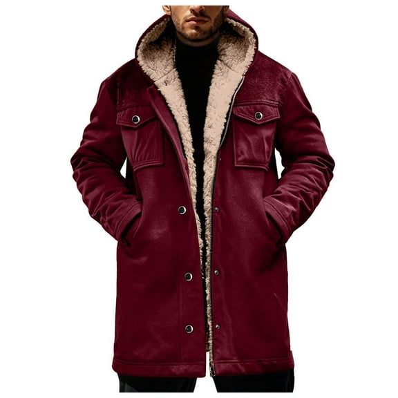 Men's Sherpa Fleece Coat Mid Length Zip-up Hooded Jackets Pockets Long Sleeve Warm Windproof Winter Outerwear (XL, Wine)