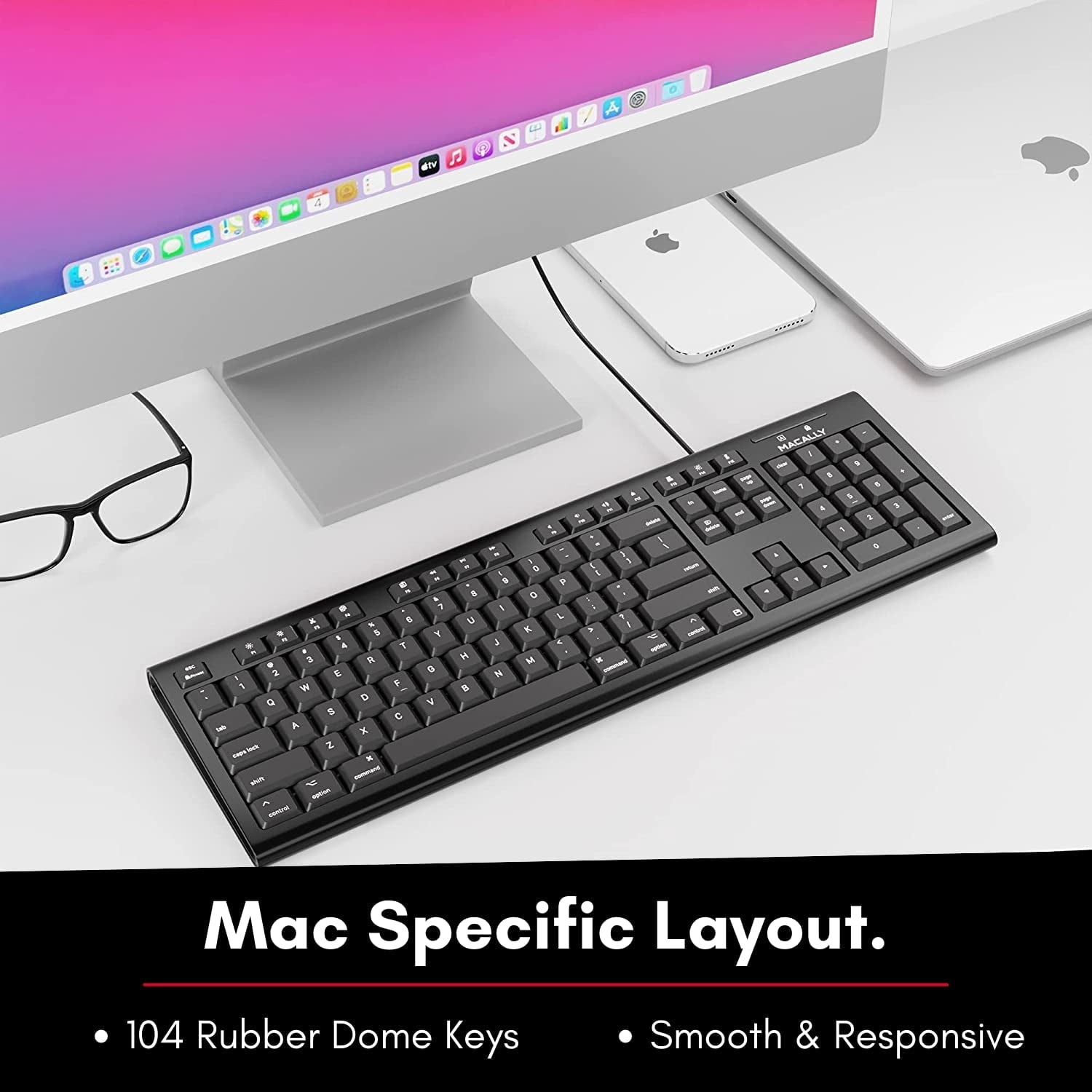 Macally Full-Size USB Wired Keyboard for Mac Mini/Pro, iMac Desktop Computer, MacBook Pro/Air Desktop w/ 16 Compatible Apple Shortcuts, Extended with Number Keypad, Rubber Domed Keycaps - Spill Proof