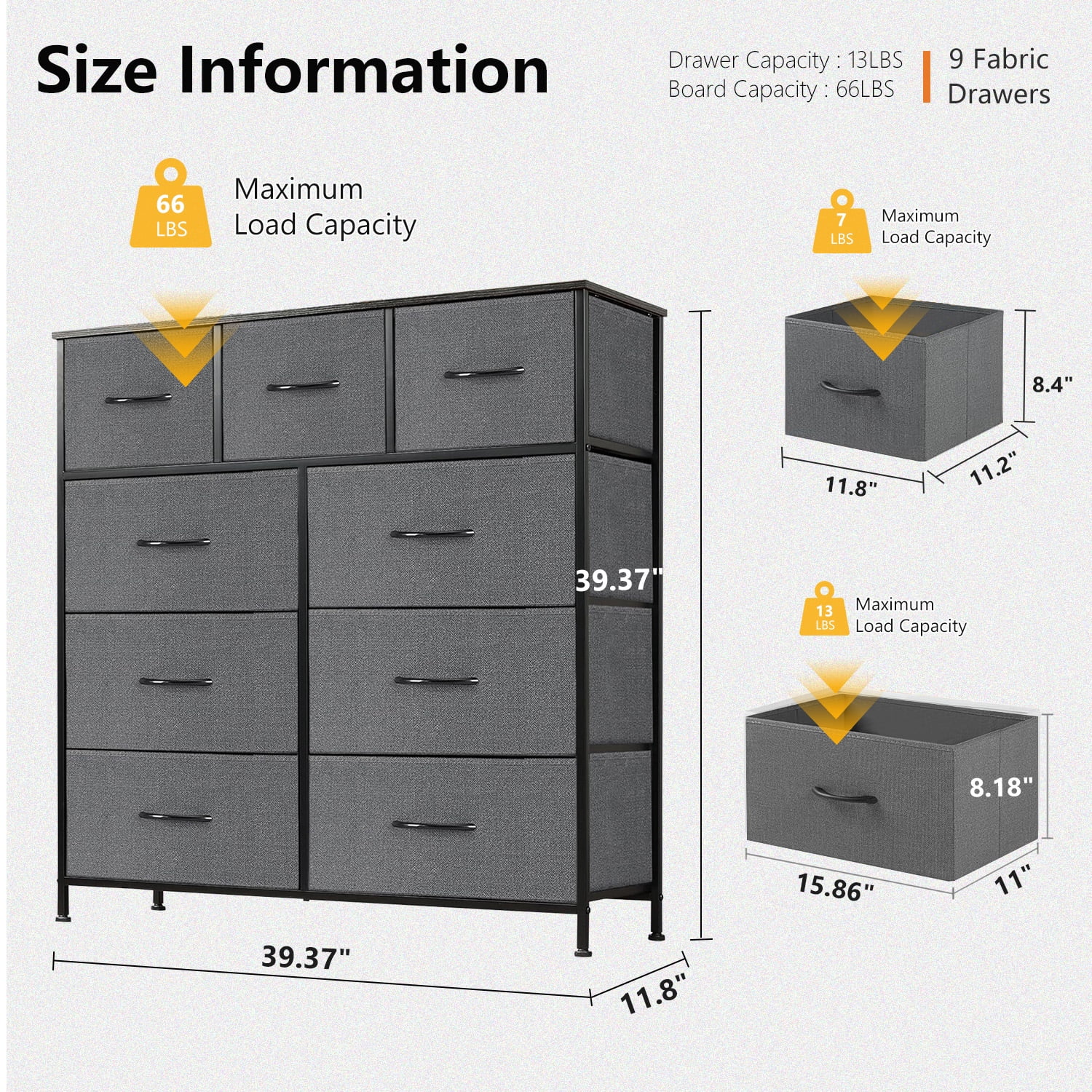 9-Drawer Fabric Dresser with Wood Top - Compact Storage Organizer for Bedroom, Closet, Grey