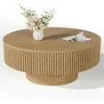 thumbnail image 4 of Gelloan 35" Round Fluted Coffee Table, Modern Wood Circle Coffee Table, Veneer Handcrafted Relief Tea Table for Living Room,Natural, 4 of 8