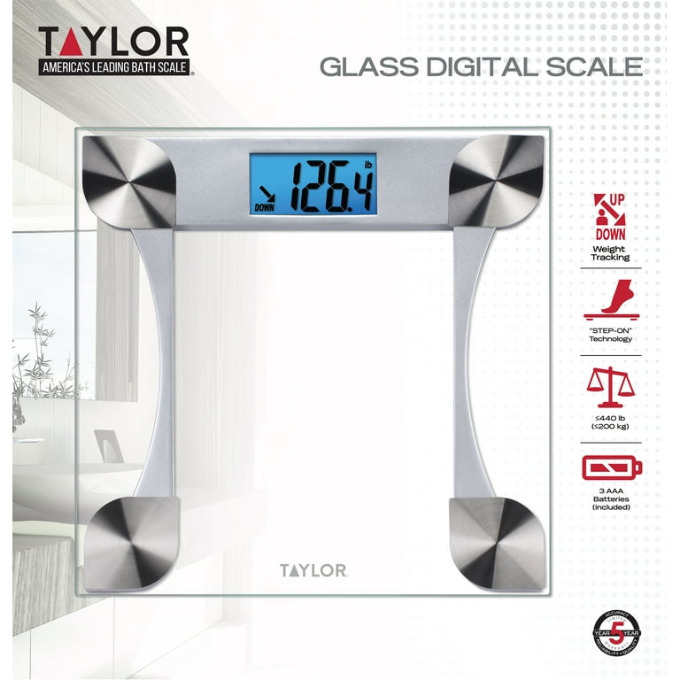 Taylor Digital Scales for Body Weight, Extra High 440 LB Capacity, Built in  Handle, Jumbo Blue Readout, Durable Platform, 13.0 x 12.0 Inches, Silver
