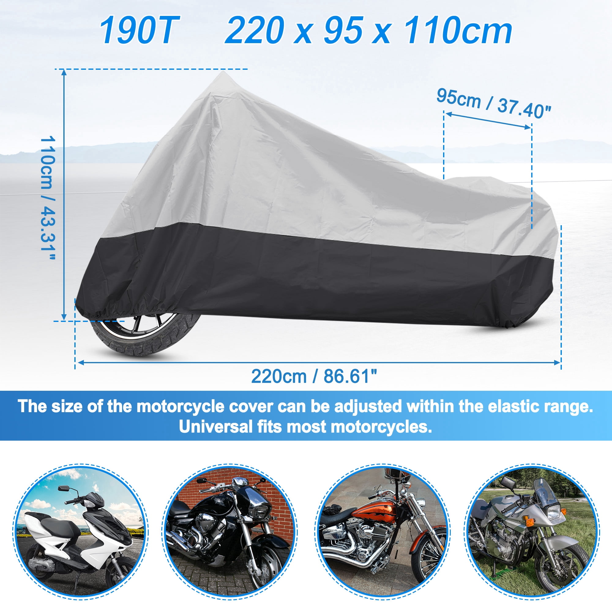 Unique Bargains 180T Motorcycle Cover Scooter Rain Dust UV Protector Silver Black L