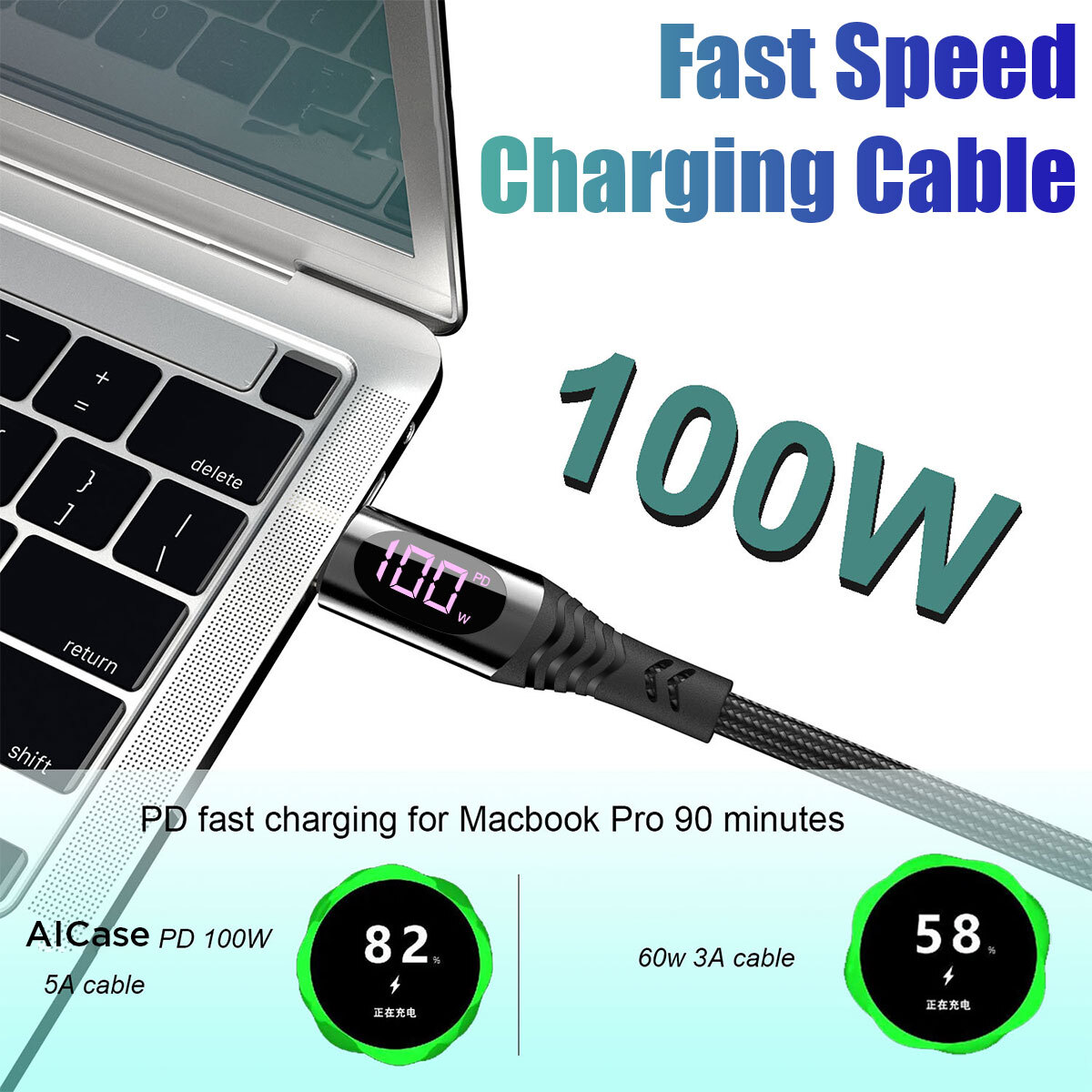 AICase 100W USB-C to USB-C Cable 100W Fast Charger Type-C Charging Data Cord LED Display Cable